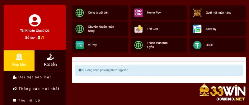 Lưu ý trong quá trình nạp tiền 33win
